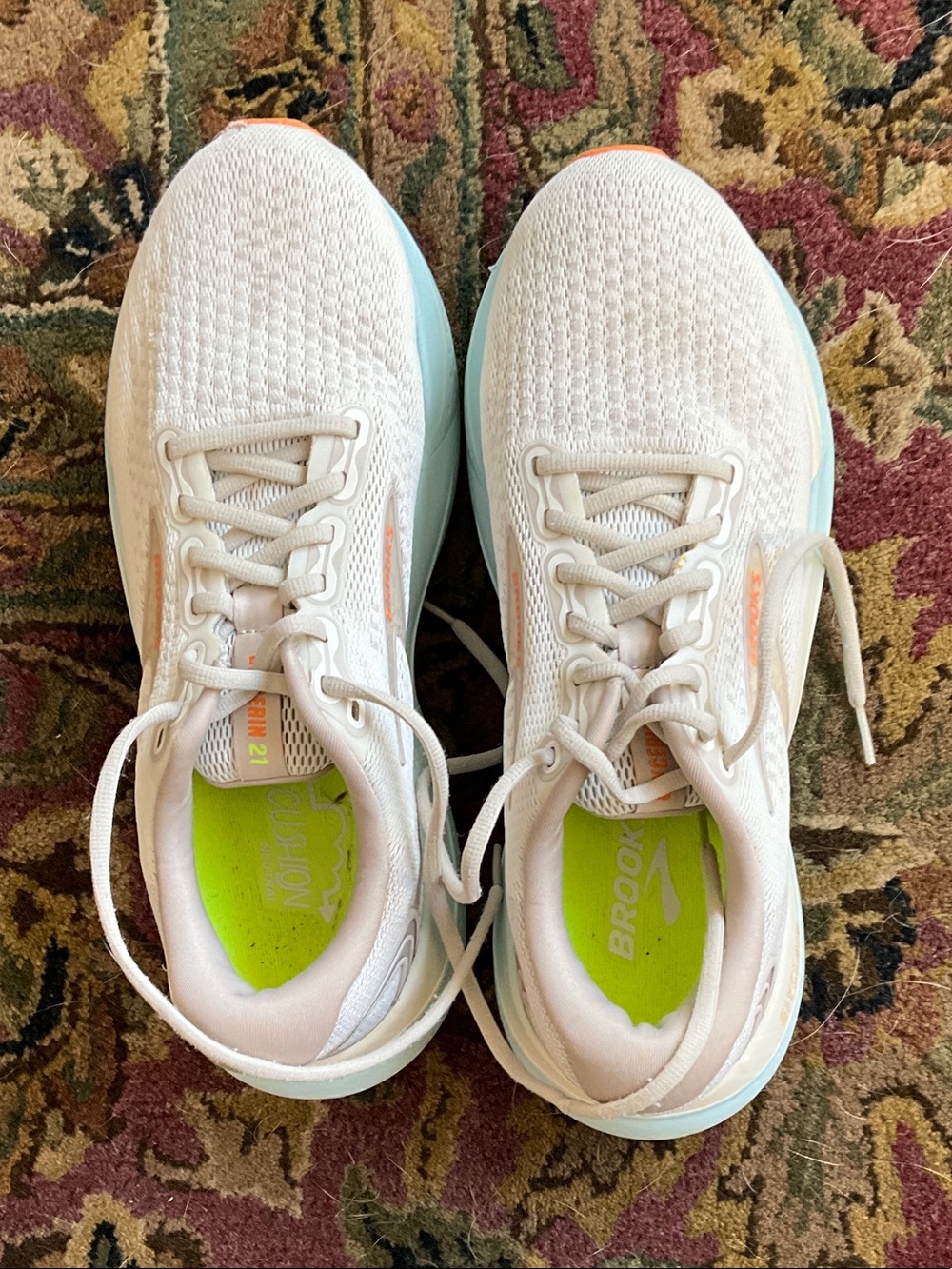 Brooks Women's White Running Shoes with Light Blue Soles and Orange Accents